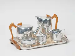 Picquot ware, six-piece aluminium and timber tea and coffee set