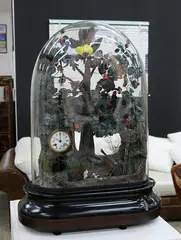 Rare French glass dome singing bird automaton with clock, made by Bontems, c. 1890, c. 1890