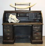 Rare American industrial early 20th century metal and brass twin pedestal roll top desk by Art Metal Company, offered Oct 2014