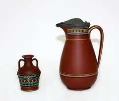Christopher Dresser design, Torquay jug and small vase with pewter lid