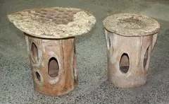 Doreen Blumhardt, Pair of rare coral series stoneware outdoor tables