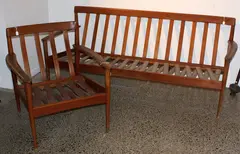 Grete Jalk [attributed], Teak three seater sofa and matching armchair