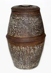Lidded stoneware crock by Margaret Milne, sold Oct 2013
