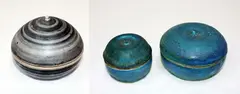 Three lidded stoneware boxes by Len Castle, sold Jul 2013