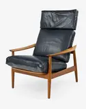 Teak framed deep blue leather upholstered reclining armchair by Arnie Vodder for France and Sons, offered Mar 2013
