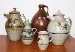 Neil Grant, Coffee set, coffee pot and tenmoku glazed flagon