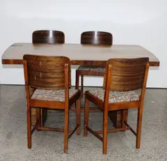Art deco walnut table, with four chairs and matching sideboard
