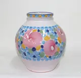 Jeff Scholes, Stoneware vase with hand painted abstract decoration on a cream ground.