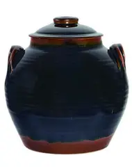 Harry & May Davis, Stoneware tenmoku glazed lidded bread crock