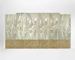 Émile-Jacques Ruhlmann, A Unique Set of Six Interior Panels from the Restaurant Drouant, each in two sections, etched glass, gold and silver leaf, sold with a lithograph of Façade du Restaurant Drouant within Drouant menu frame