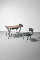 Jacques Quinet, Desk and Chair, stitched leather, oak, brass, laminated top