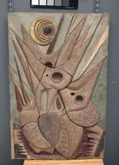 Tyra Lundgren, Large Relief 'De Hungriga' (The Hungry), for Gustavsberg, stoneware with matte and glossy red, brown and gray glaze, impressed 'GUSTAVSBERG' seal