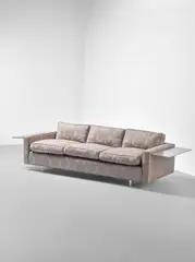 Sofa by Vladimir Kagan, stainless steel, lucite with Jack Lenor Larsen upholstery, offered Dec 2022