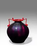 Rosso e Nero Vase by Fratelli Toso, blown deep amethyst glass with red pasta glass applied handles and applied with aventurine, sold Dec 2022