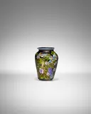Murrine Floreali Vase by Vetreria Artistica Barovier, deep cobalt glass with iridized surface applied with floral murrines, sold Dec 2022