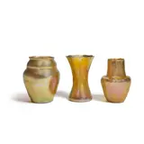 Group of Three Vases by Tiffany Studios, Favrile glass, each with etched signature and the firm's marks on the underside, sold Oct 2022