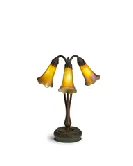 Three-Light Lily Lamp by Tiffany Studios, patinated bronze, Favrile glass, base stamped 'TIFFANY STUDIOS NEW YORK' and numbered '28601', two shades etched 'L, sold Oct 2022