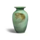 Fish Vase by Rookwood Pottery, Timothy Hurley, Sea Green glazed ceramic, impressed RP mark and numbered 704 with decorator's signature on underside, offered Oct 2022