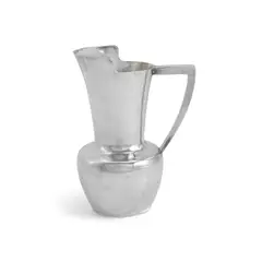 Hammered Pitcher by Dirk Van Erp, handwrought silver-plated copper, with handwrought open box San Francisco mark on underside, sold Oct 2022