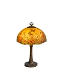 Butterflies Table Lamp by Handel, reverse painted glass, patinated metal, interior of shade painted 'HANDEL 6334', metal collar stamped 'HANDEL', sold Oct 2022