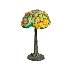 Pairpoint, Puffy Apple Tree Table Lamp, reverse painted glass, patinated metal, with the firm's mark on exterior of shade