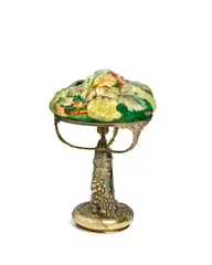 Pairpoint, Puffy Grape Table Lamp, reverse painted glass, brass, exterior of shade marked faintly 'PAT APPLIED FOR'