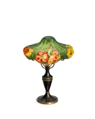 Pairpoint, Puffy Floral Table Lamp, reverse painted glass, patinated metal, with the firm's mark on exterior of shade