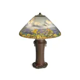 Handel Company, Landscape Table Lamp, reverse painted glass, patinated metal, painted 'HANDEL 6430' on interior of shade, stamped 'HANDEL' on metal collar