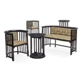 Suite of Furniture by Josef Hoffmann, ebonized wood, upholstery, comprising a settee, two barrel-back armchairs, and two side tables, sold Oct 2022