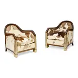 Pair of Armchairs by French Art Deco, calf hide upholstery, walnut, silvered wood, offered Oct 2022