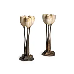 Albert Cheuret, Pair of Tulip Table Lamps, bronze, carved alabaster