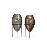 Edgard Aubry, Two Vases, stoneware with iridescent and polychrome glazes, each with glaze mark 'Aubry', with later metal stands