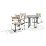 Walter Lamb, Table and Four Chairs, for Brown Jordan, models C-2700 and C-1700, bronze tubing, rope, glass, the chairs with Brown Jordan numbered labels