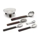 Spratling, Assorted Group of Five Spoons and Three Footed Condiment Bowl, silver, wood, variously stamped