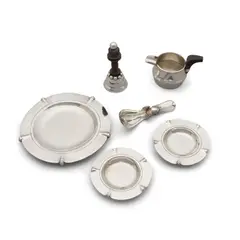 Spratling, Group of Five Dining Articles, sterling, wood, comprising a creamer, a duck-form sugar spoon, a dinner bell, a coaster, and a pair of dishes