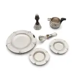 Spratling, Group of Five Dining Articles, sterling, wood, comprising a creamer, a duck-form sugar spoon, a dinner bell, a coaster, and a pair of dishes