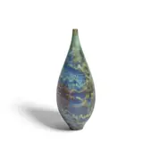 Teardrop Bottle by Gertrud and Otto Natzler, green and blue reduction-glazed earthenware with melt fissures, signed 'NATZLER' and with numbered paper label 'N453' on, sold Oct 2022