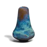 Double-Curved Vase by Gertrud and Otto Natzler, green crystalline glazed earthenware, signed 'NATZLER' with numbered paper label 'M285' and handwritten label '11c' on u, sold Oct 2022