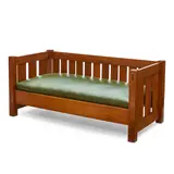 Settle by Gustav Stickley, model 208, oak, leather, sold Jul 2022