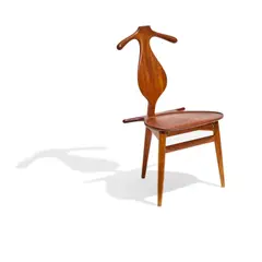 Valet Chair by Hans J. Wegner, teak, oak, brass, underside of seat stamped 'JOHANNES HANSEN COPENHAGEN DENMARK' with maker's symbol, sold Jul 2022