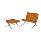 Barcelona Chair and Ottoman by Ludwig Mies van der Rohe, for Knoll, chromed steel, leather, with Knoll tag on underside of ottoman, sold Jul 2022