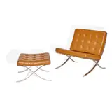 Barcelona Chair and Ottoman by Ludwig Mies van der Rohe, for Knoll, chromed steel, leather, with Knoll tag on underside of ottoman, sold Jul 2022