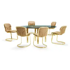 Dining Set by Willy Rizzo, for Cidue, comprising a dining table and six chairs, brass plated metal, glass, fabric upholstery, with firm's labels, sold Jul 2022