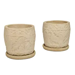 Michael Taylor, Large Custom Pair of Planters with Underplates, reconstituted stone with fiber glass liners