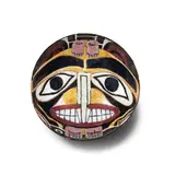 Northwest Indian Mask Footed Dish by Michael and Magdalena Frimkess, glazed stoneware, signed 'M+M Frimkess' and dated '9-87' on underside, sold Jul 2022