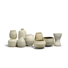 Warren Mackenzie, Group of Nine White and Grey Vessels, glazed stoneware, three with impressed 'M' mark along body, one with impressed 'W' along body