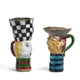 Two Face Mugs by Michael and Magdalena Frimkess, glazed stoneware, each signed, the checkered mug dated '4-91', the male mug dated '10-90', sold Jul 2022