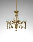 English Aesthetic Movement, Ceiling Light, brass, blown glass shades by James Powell & Sons