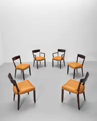 Jules Leleu, Dining suite, East India rosewood, nickel plated steel, leather upholstery
