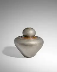 John Prip, Monumental Lidded Vessel, hand-raised, patinated pewter and mixed metals